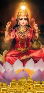 Divine goddess seated on a lotus amidst golden wealth and serene surroundings.