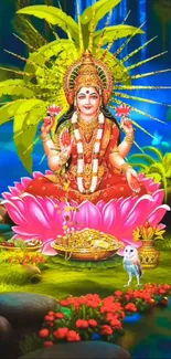 Colorful goddess on lotus with golden halo.