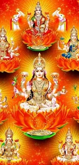 Divine deity seated on vibrant lotus petals with an ornate background.