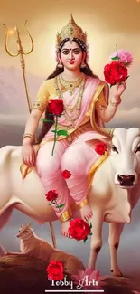 Goddess riding a white bull with red roses.