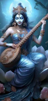 Goddess Saraswati plays veena on lotus under moonlit sky in elegant artwork.