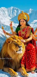 Goddess in red with lion in snowy mountains.