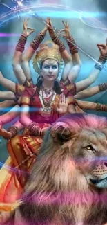 Wallpaper of a goddess with multiple arms and a lion, set in a mystical scene.