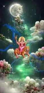 Divine goddess on a tiger amidst cosmic flowers.