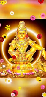 Golden statue with vibrant flowers and divine aura.