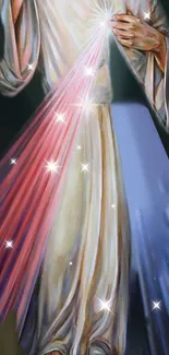 Divine figure emits glowing light on mobile wallpaper.