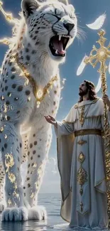 Fantasy artwork of a celestial leopard with a majestic figure.