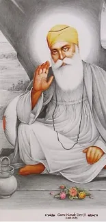 Guru Nanak Dev Ji in a peaceful meditative pose, exuding serenity.