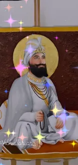 Sikh Guru portrait with sparkles on canvas.