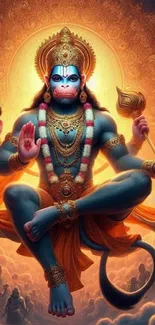 Hanuman sitting in a vibrant aura with divine features in digital artwork wallpaper.