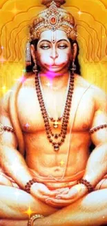 Hanuman meditating golden wallpaper with spiritual ambiance.