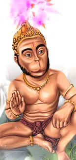 Vibrant image of Hanuman sitting serenely, exuding divine charm.