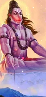 Divine Hanuman in meditation on a celestial background.