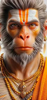 Hanuman deity with orange and gold adornments on a phone wallpaper.