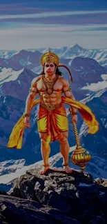 Hanuman stands on a mountain against a blue sky.
