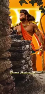 Hanuman standing strong against an orange aura with stone background.