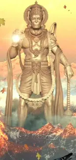 Hanuman statue with mountain background and vibrant sky.