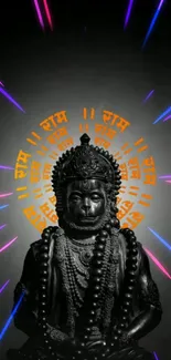 Statue of Hanuman with bright, colorful light rays emanating from the background.