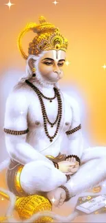 Spiritual mobile wallpaper of Lord Hanuman meditating on an orange background.