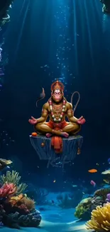 Hanuman statue surrounded by colorful underwater corals.