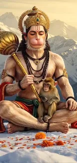 Divine Hanuman holding a baby monkey in the mountains.