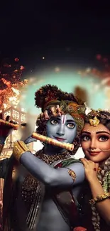 Radha and Krishna in a serene and mystical artistic depiction.