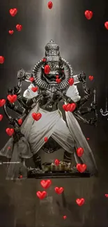 Majestic deity surrounded by floating red hearts.