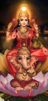 Goddess Lakshmi and Lord Ganesha in a lotus themed wallpaper.