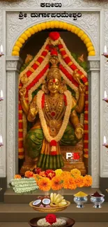 Beautiful Hindu deity adorned with flowers and traditional decor.