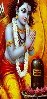 Vibrant painting of Lord Rama in prayer with bow and garland.