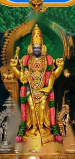 Colorful Hindu deity in golden attire with vibrant background.