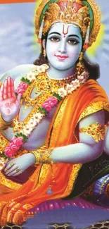 Vibrant Hindu deity in orange attire, exuding a peaceful aura.