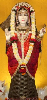 Hindu goddess statue with red and gold colors on a vibrant background.