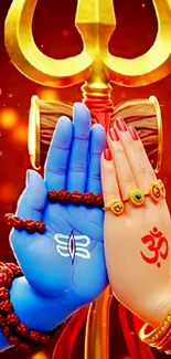 Divine hands and trident wallpaper with symbols.