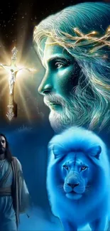 Spiritual image with divine figure, glowing cross, and blue lion.