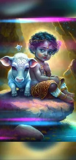 Divine infant with a calf in colorful art scene.