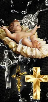 Infant Jesus with crosses on black. Elegant religious phone wallpaper.