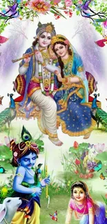 Krishna and Radha surrounded by nature with vibrant art and peacocks.