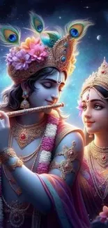 Krishna and Radha cosmic art wallpaper with vibrant colors.