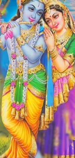 Vibrant artwork of Krishna playing flute with Radha beside him, colorful and vivid.