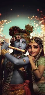 Krishna and Radha in a vibrant and divine mobile wallpaper.