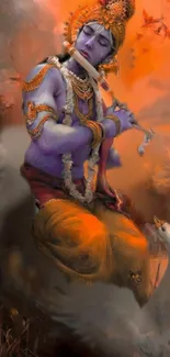 Mobile wallpaper of Krishna playing flute with orange-purples hues.