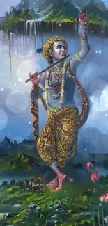 Divine painting of Lord Krishna in serene landscape with vibrant details.