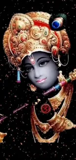 Divine artwork of Krishna with vibrant ornaments on a black background.