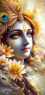 Divine Lord Krishna portrait with flowers and golden hues.