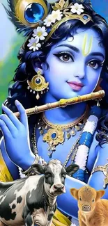 Blue-skinned Krishna with flute and cow, adorned with flowers.