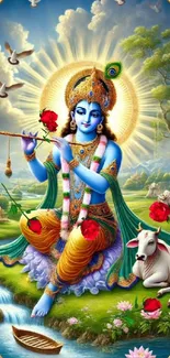 Krishna playing flute in nature with vibrant colors.