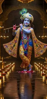 Colorful depiction of Lord Krishna with traditional attire and candles.