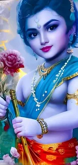 Vibrant and divine Krishna art wallpaper with colorful details.