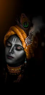 Artistic depiction of Krishna with peacock feather and adornments.